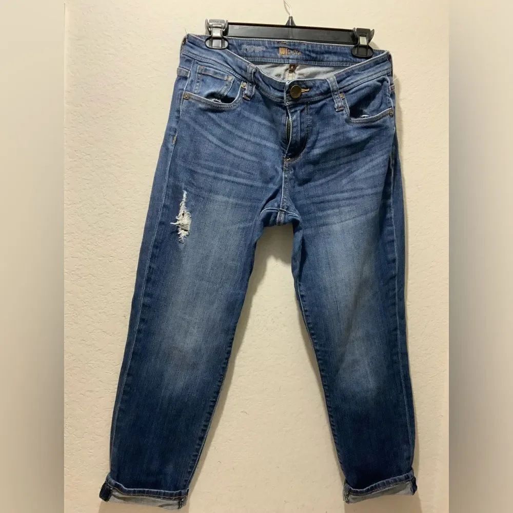 Kut from the Kloth Straight Leg Denim Jeans Distressed Dark Blue Wash Women's 8